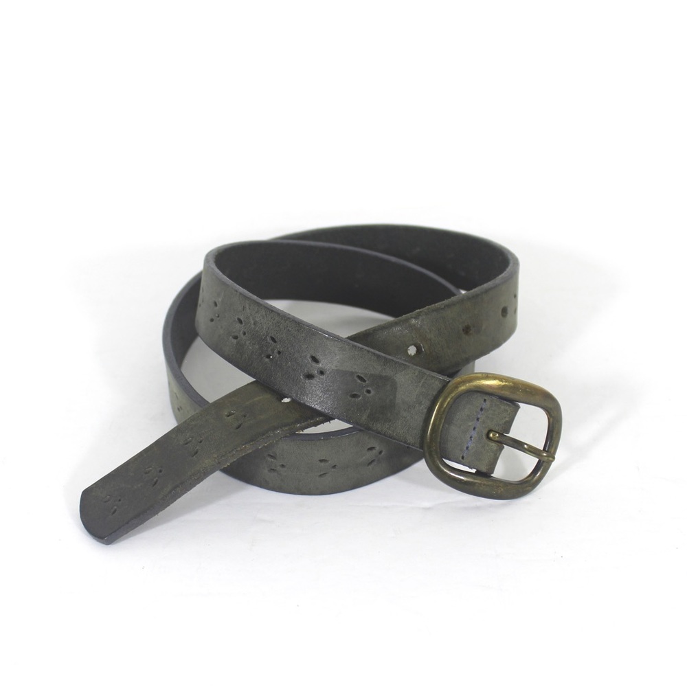 Vintage Pierced Grey Leather Belt with Brass Buckle